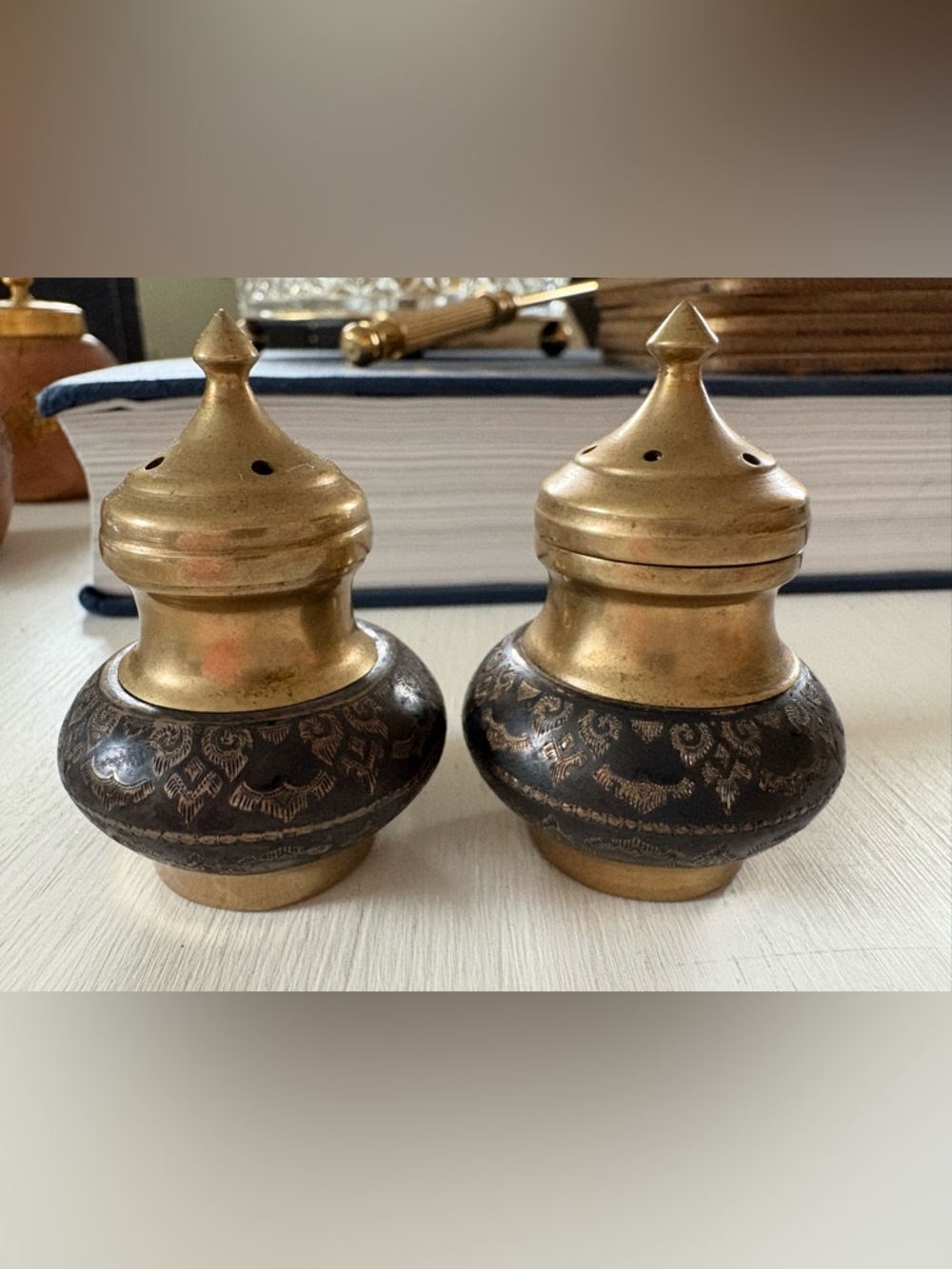 Vintage Brass and Black Etched Decorative Salt & Pepper Shakers
